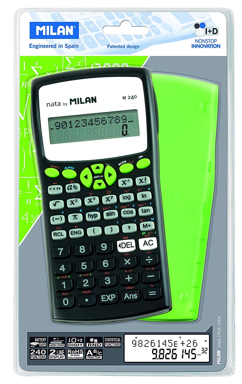 Milan 159110GRBL - Scientific calculator, 240 functions, black color with green cover - Image 2