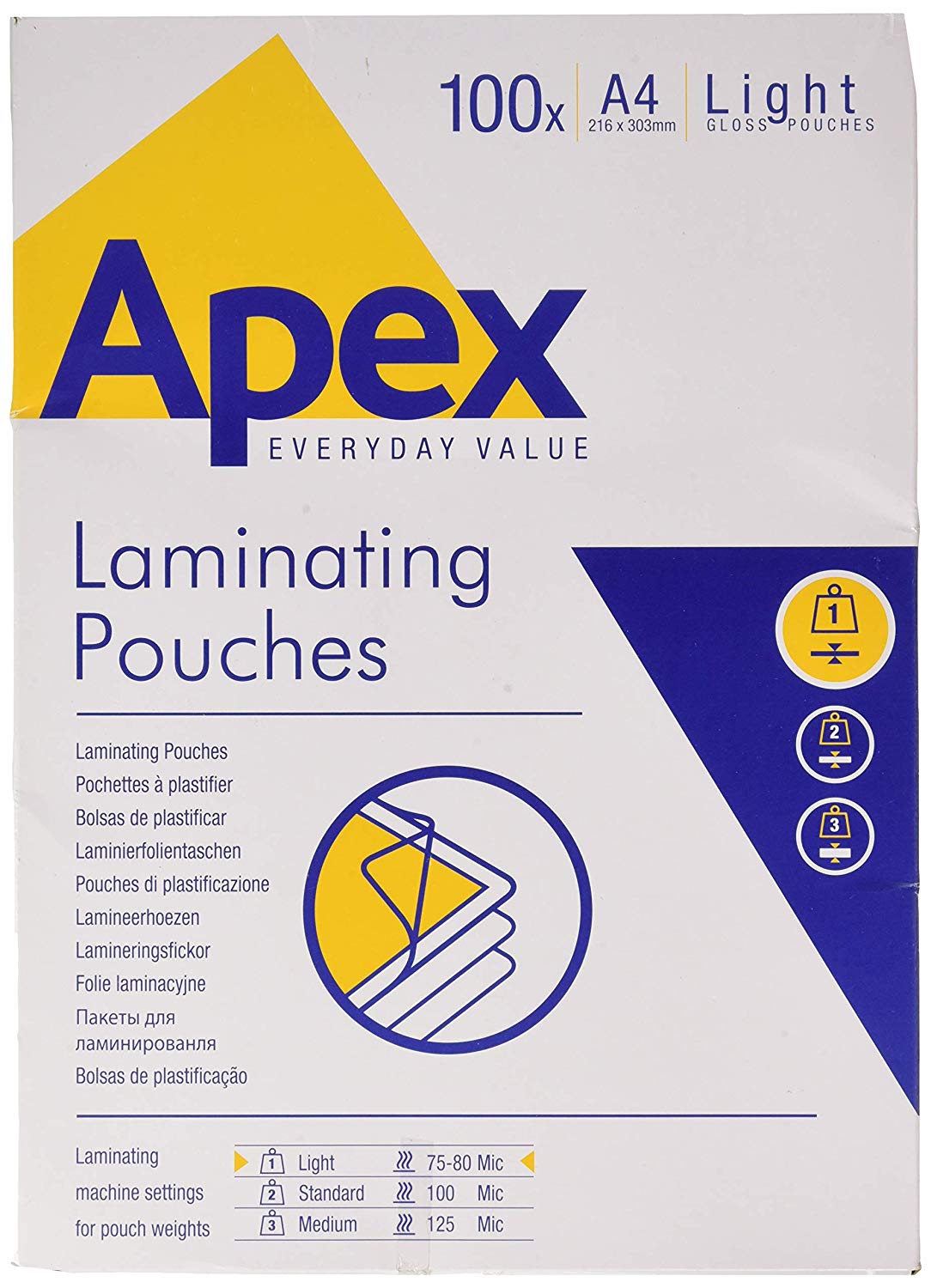 Fellowes Apex A4 Laminating Pouches, Glossy Finish, 100 Sheets - Light Duty - Ideal for Notices and Photos