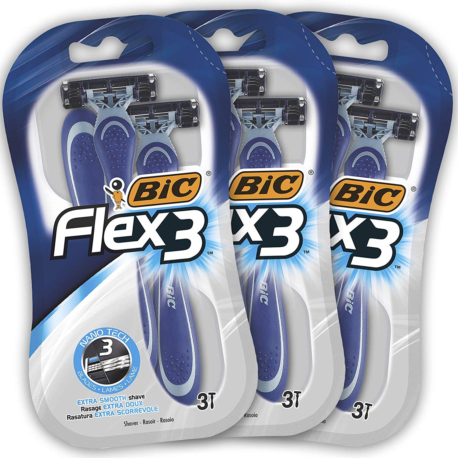 BIC Flex 3 Blade Mens Disposable Razor, 3 Count (Pack of 3), Multicolor