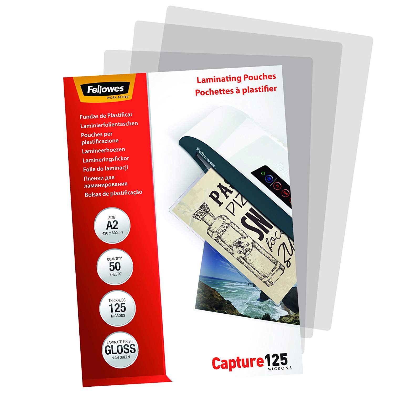 Fellowes Capture A2 125 Micron Glossy Laminating Pouches (Pack of 50), Transparent, A2 / 125 micron - Image 2