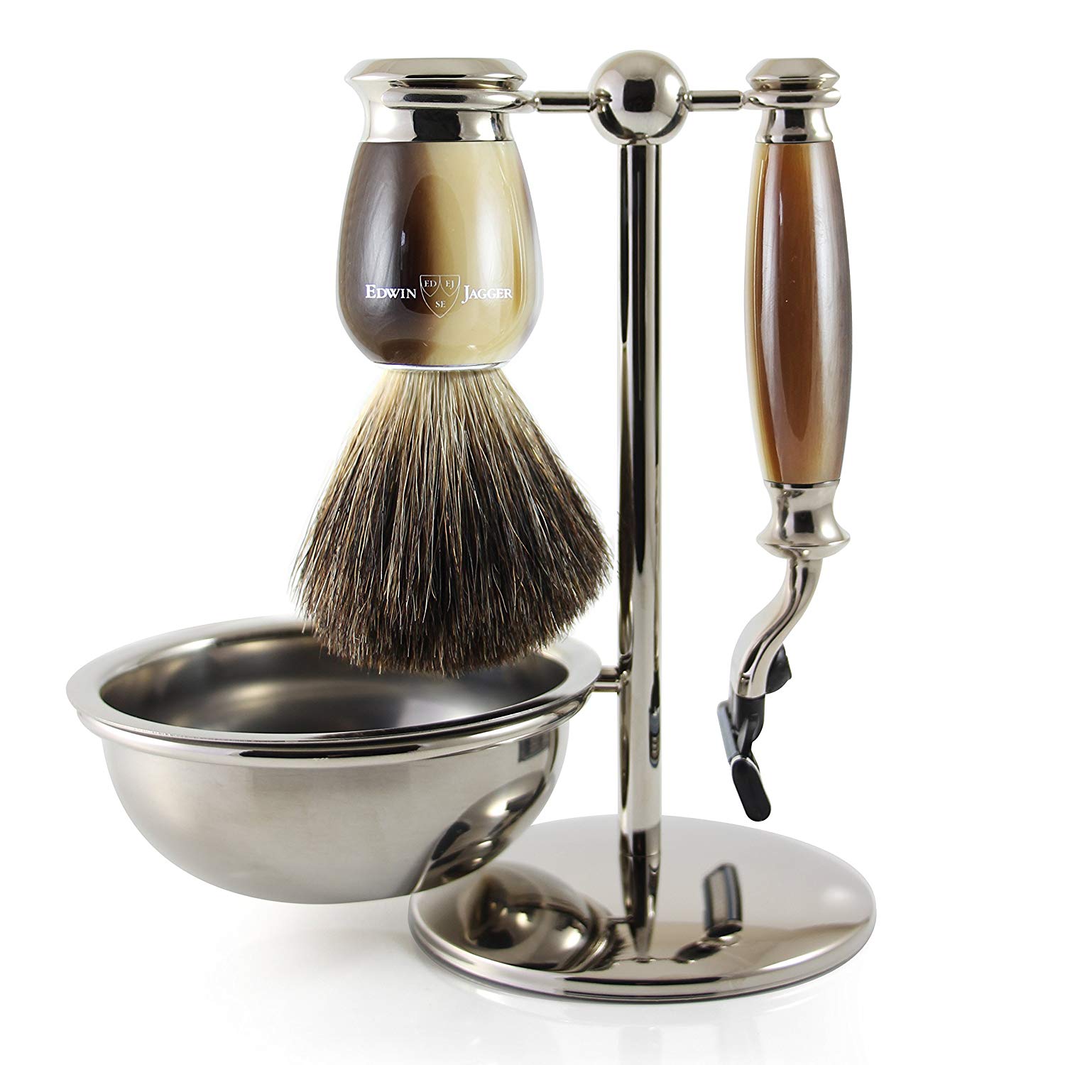 Edwin Jagger S81M582BAMZ Imitation Light Horn & Nickel Classic Shave Set including Pure Badger Shaving Brush and Mach 3 Razor for Shaving Cream or Soap for Men