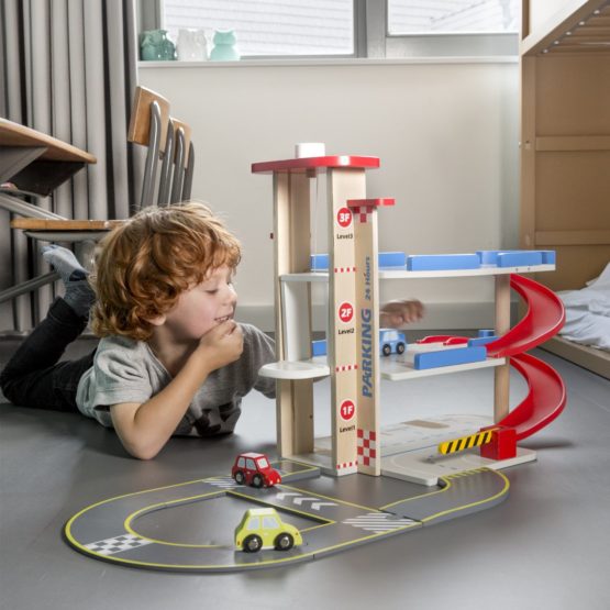 New Classic Toys 11040 Wooden Parking Garage with Track and 3 Cars for Preschool Age Toddlers Boys Girls, Multi Color - Image 2