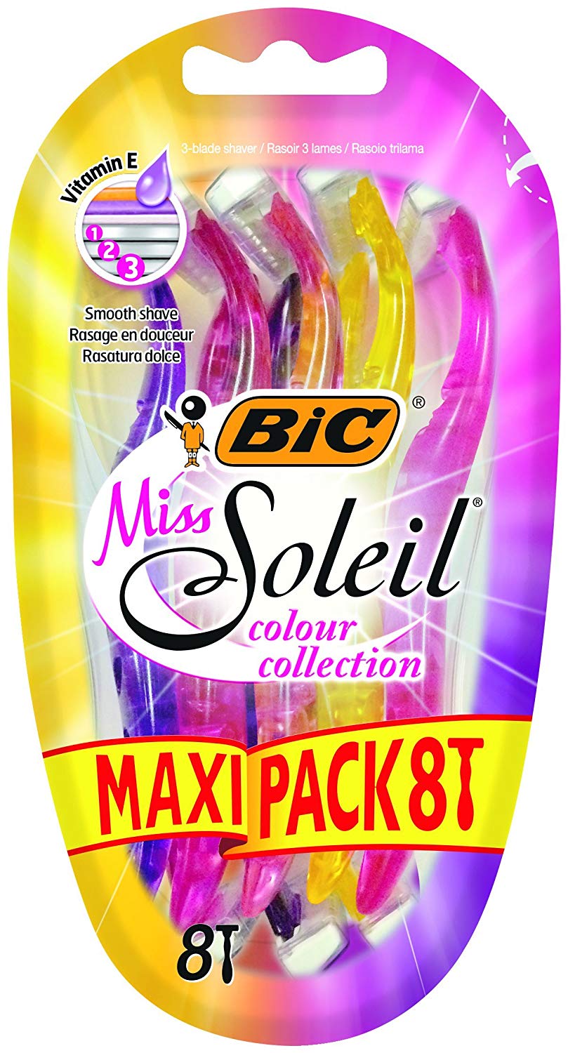 BIC Miss Soleil Colour Collection, Triple Blade Razor for Women Great Grip and Control, With Flower Designed Handles, Pack of 8
