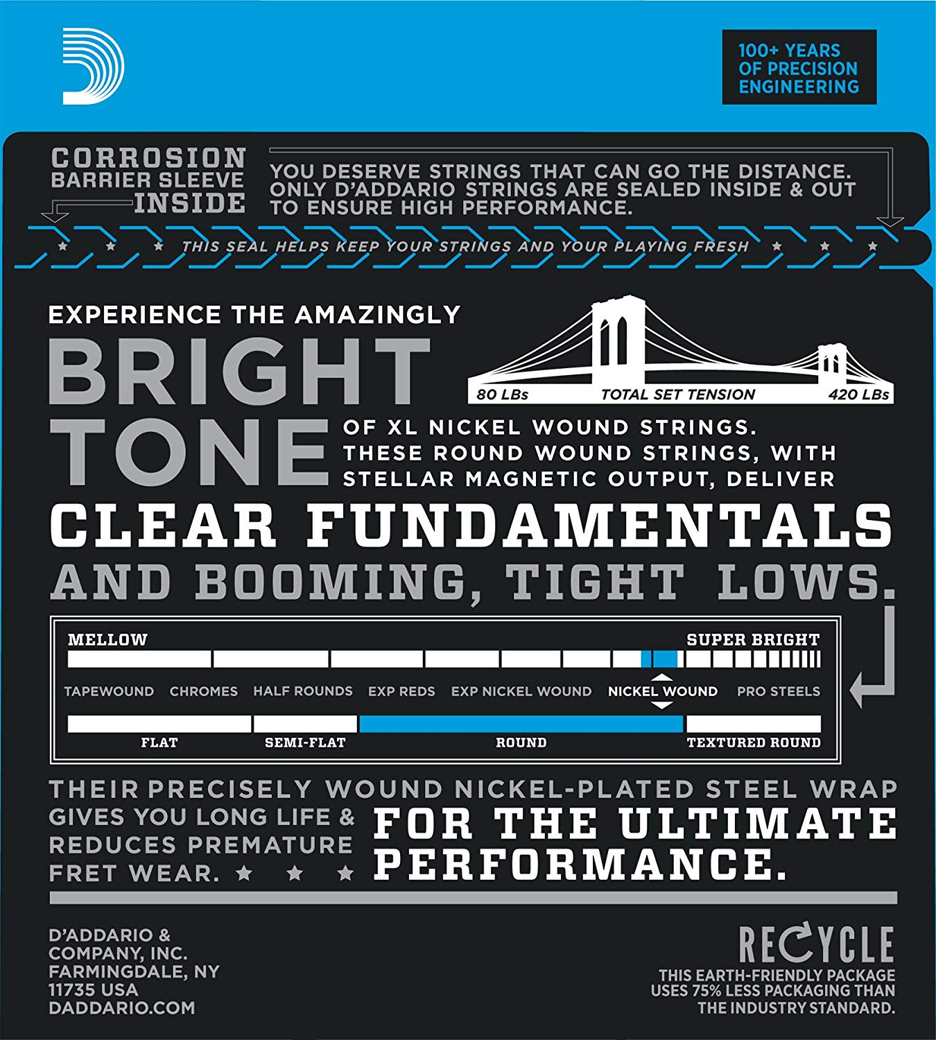 D'Addario Bass Guitar Strings, XL Nickel, EXL170-6, Perfect Intonation, Consistent Feel, Powerful Durability, 6 String Set - Image 2