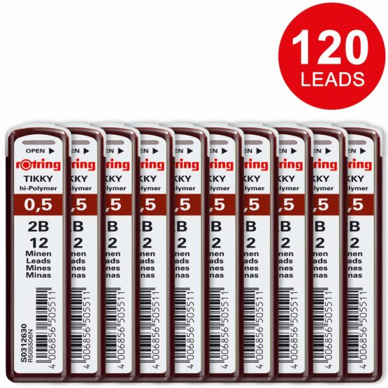rOtring Tikky Mechanical Pencil Lead Refills, 0.5mm, 2B, 10 Count (120 leads)
