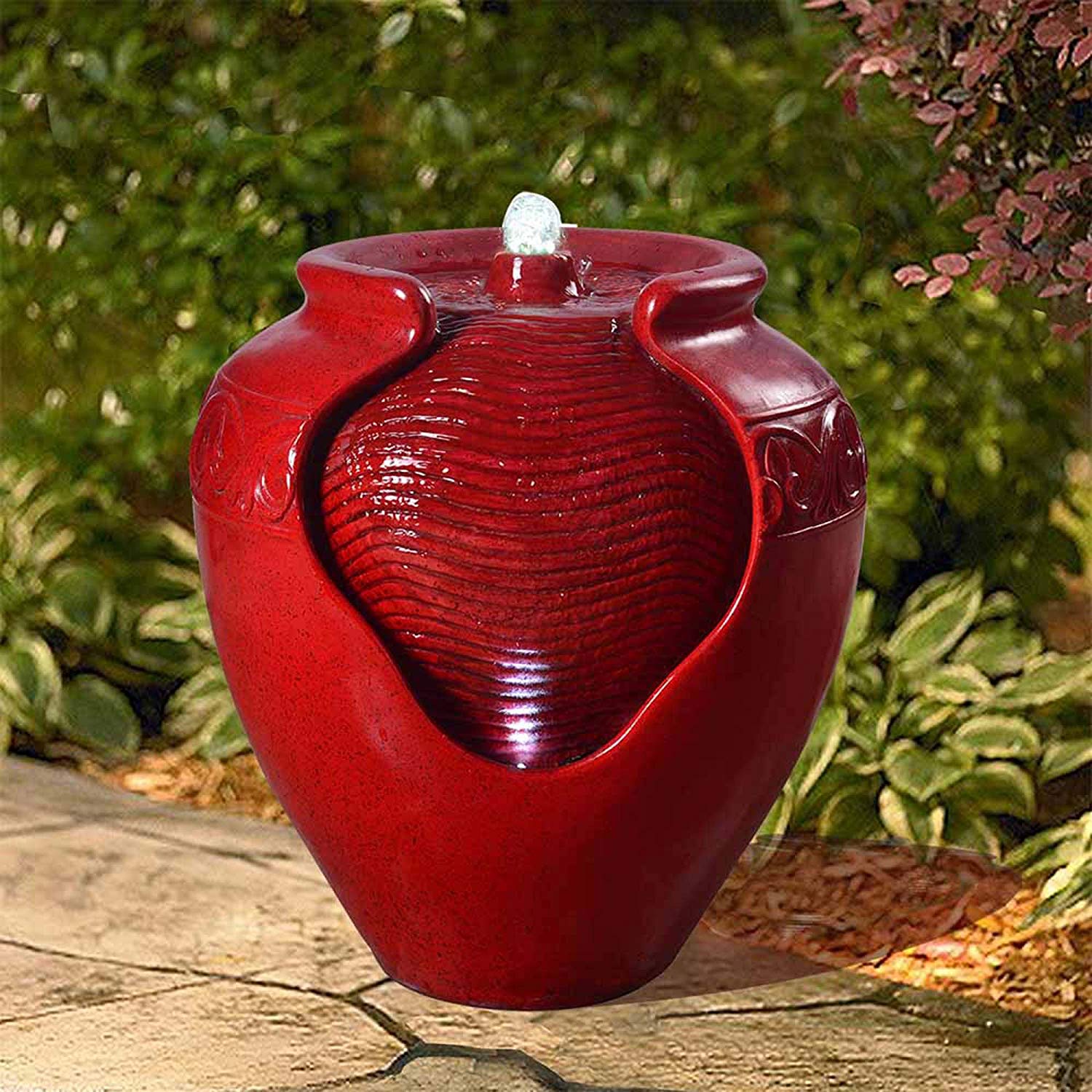 Teamson Home Garden Water Feature with Lights, Outdoor Tiered Small, Red Pot Water Fountain