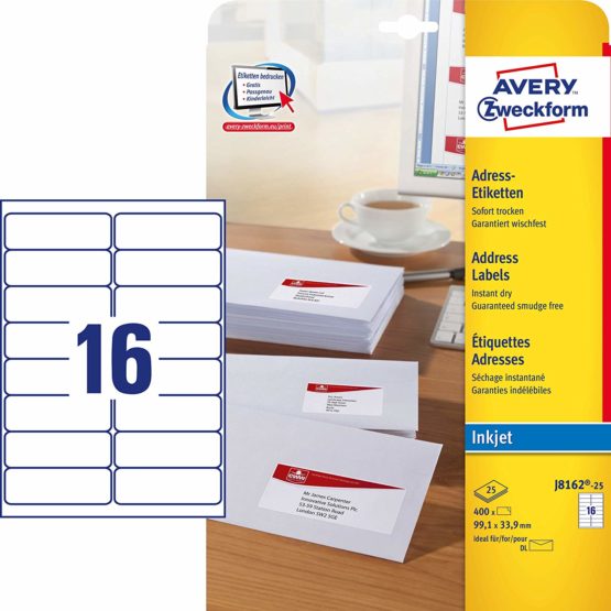 Avery Zweckform J8162-25 Address A4 Matt Paper Pack of 400 Labels 99.1 x 33.9 mm 25 Sheets White