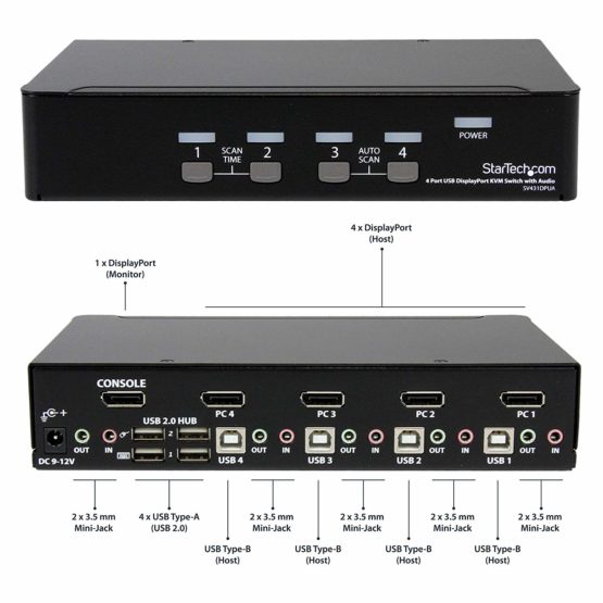 StarTech 4 Port DisplayPort KVM Switch - 4K 60Hz - Single Display - Dual Port UHD DP 1.2 USB KVM Switch with Integrated USB 2.0 Hub & Audio - Dell, HP, Apple, Lenovo - TAA Compliant (SV431DPUA2) - Image 4