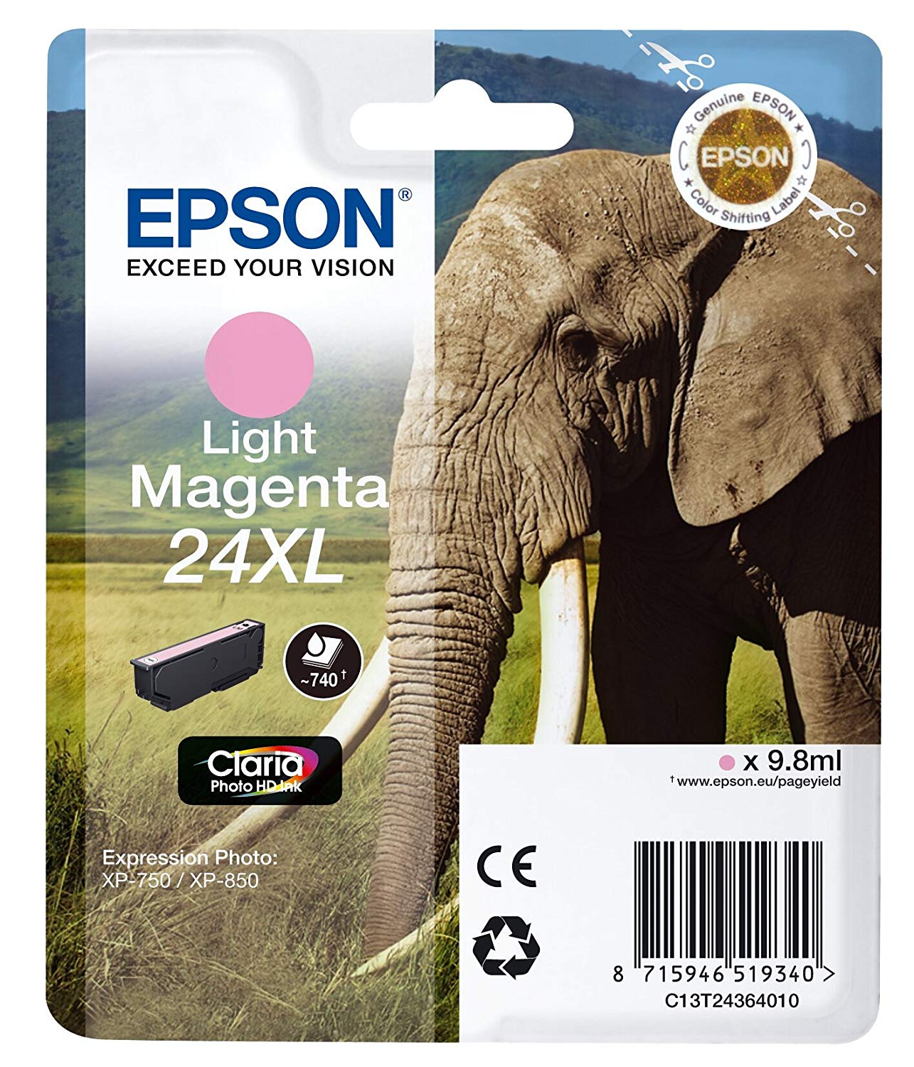 Epson 24XL Light Magenta Elephant High Yield Genuine, Claria Photo HD Ink Cartridge, XL High Capacity