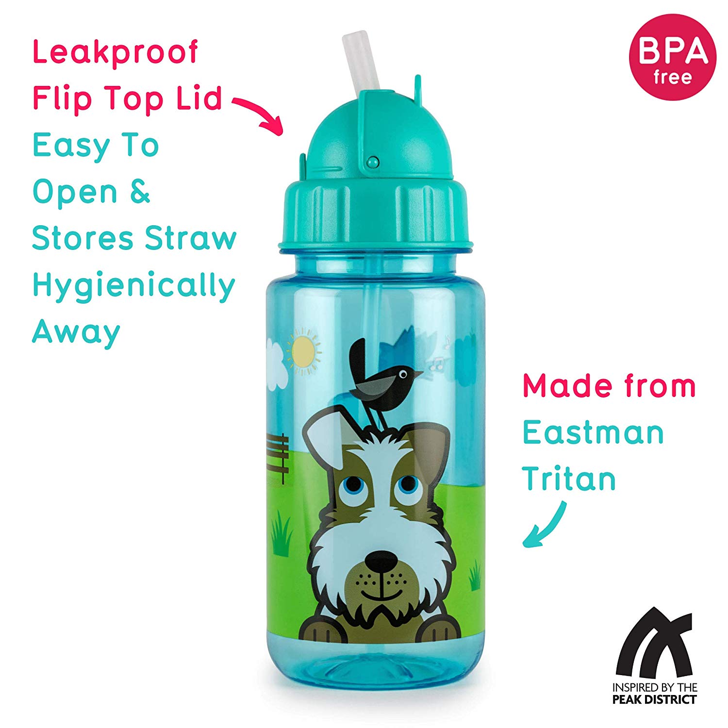 TUM TUM Flip Top Kids Water Bottle With Straw, Tritan Toddler Water Bottle, 400ml, BPA Free (Scruff the Dog) - Image 2
