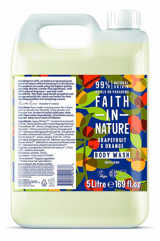 Faith In Nature Natural Grapefruit and Orange Body Wash, Invigorating, Vegan and Cruelty Free, No SLS or Parabens, 5 L Refill Pack