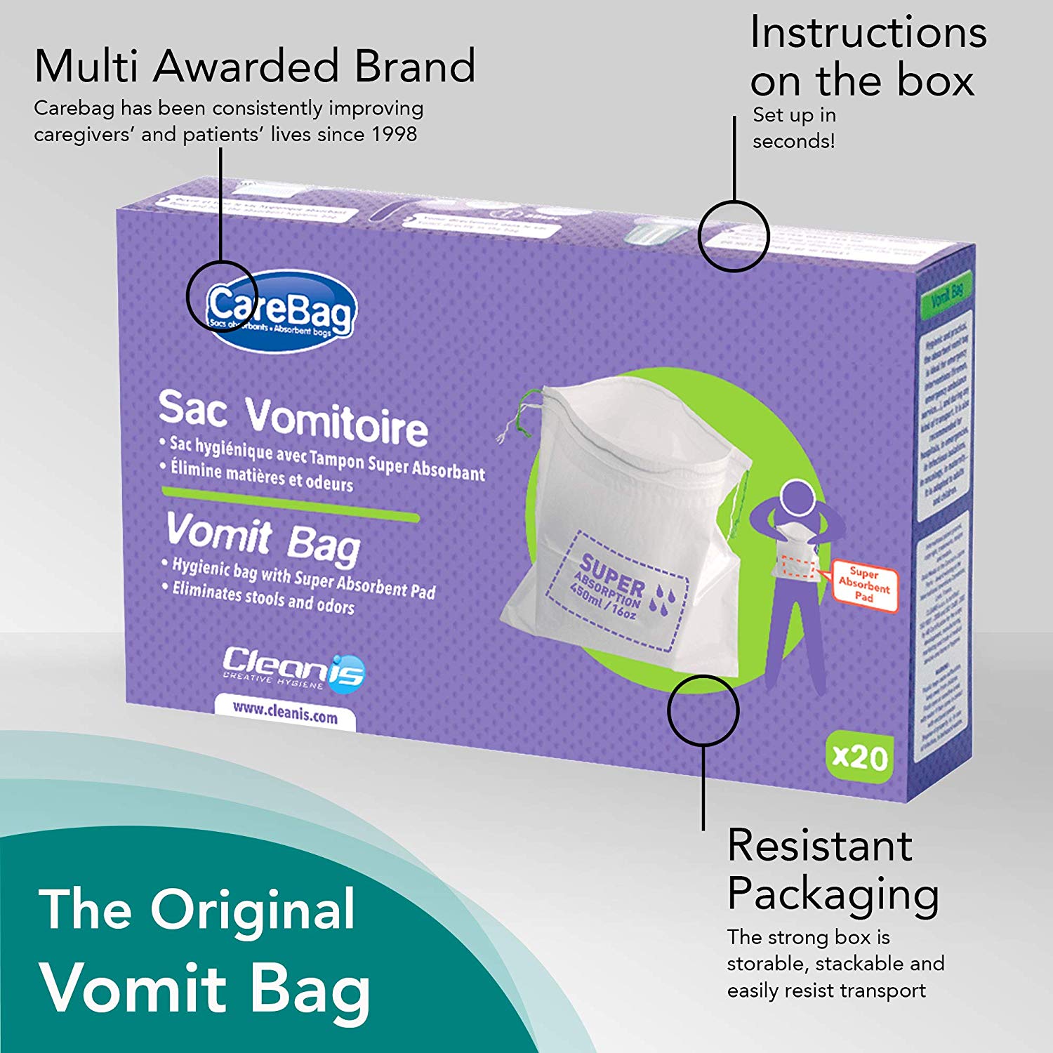 Cleanis CareBag Absorbent Sick Vomit Bags, Pack 20 Sickness Bags, Red - Image 3