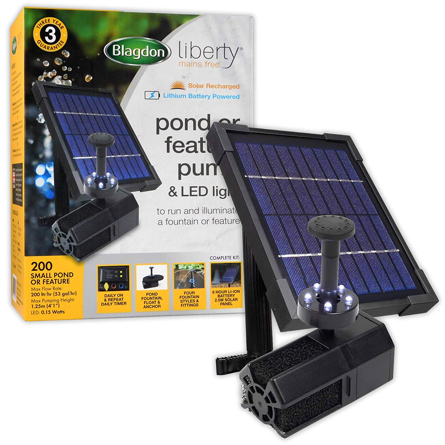 Blagdon Liberty Mains Free Solar Recharge Pond or Water Feature Pump with LED Light Ring, Intelligent Timer Control, Float