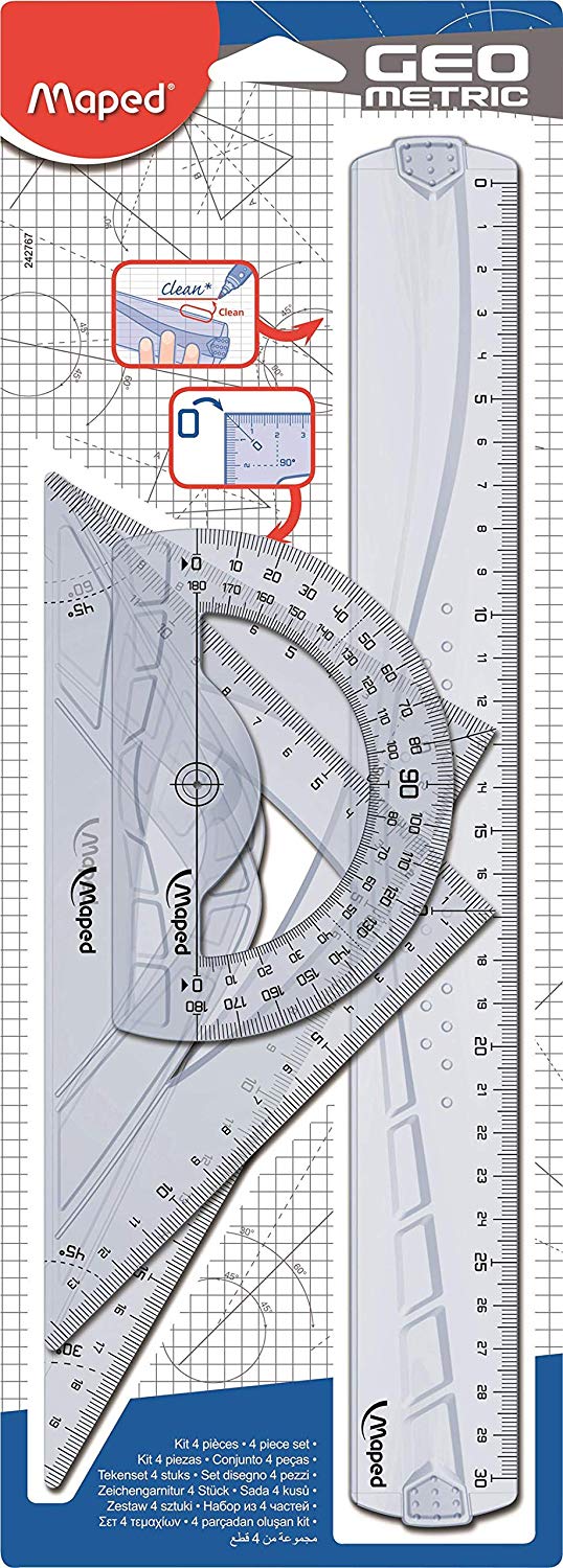 Maped 242767 - Kit of 4 Pieces (Ruler + Triangle + Square + Carrier), Units Contained: 1, Multicolored