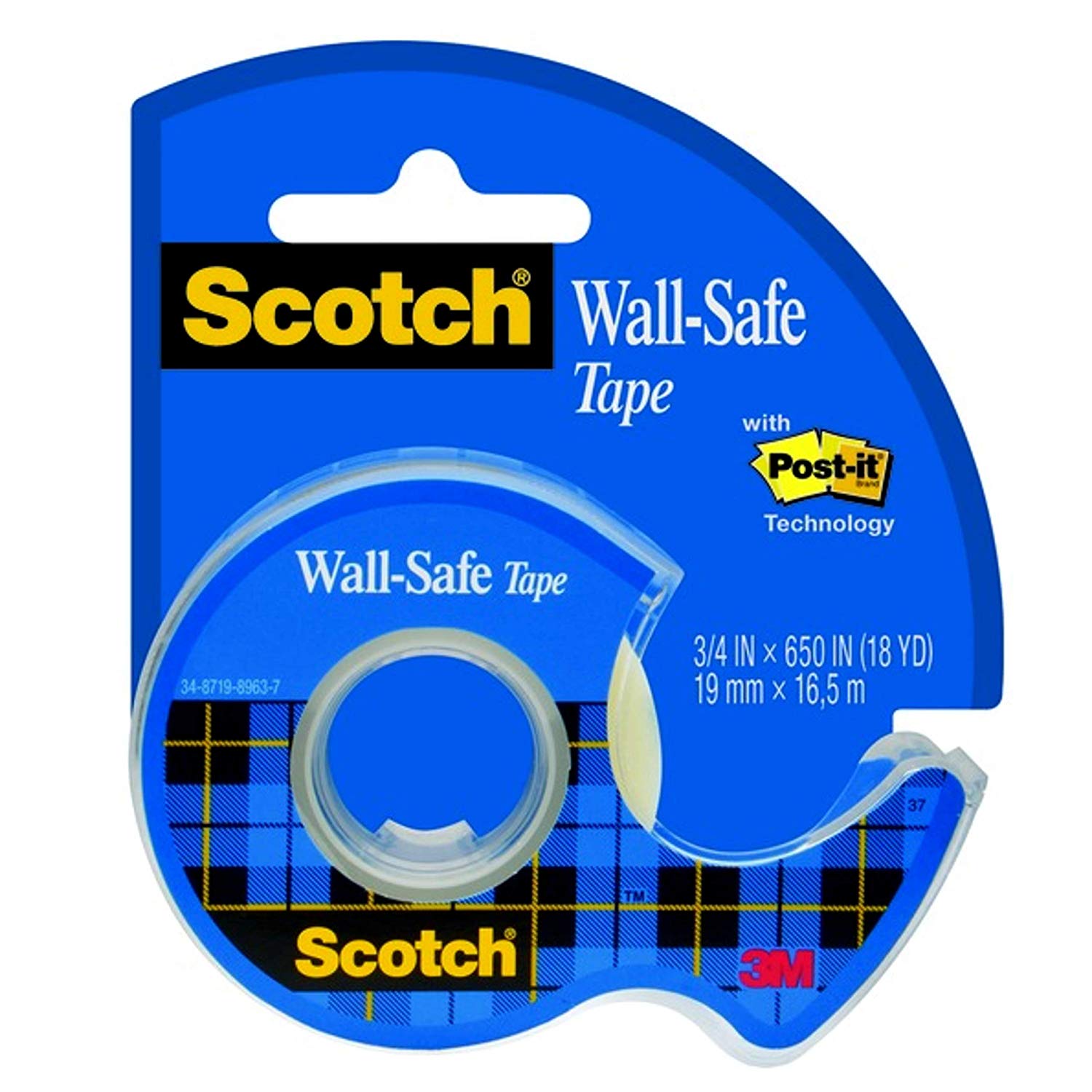 Scotch Wall-Safe Tape, 1 Roll On Handheld Dispenser, 19 mm x 16.5 m, Sticks Securely, Removes Cleanly, Invisible, Photo-Safe