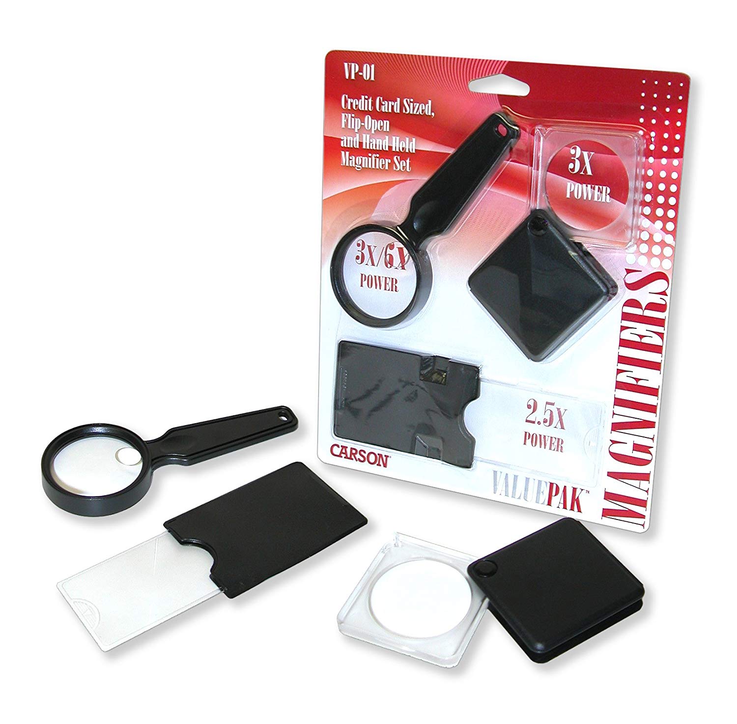 Carson ValuePack - Set of 3 Compact Magnifiers (Handheld, Credit Card, Flip-Open), Black - Image 2
