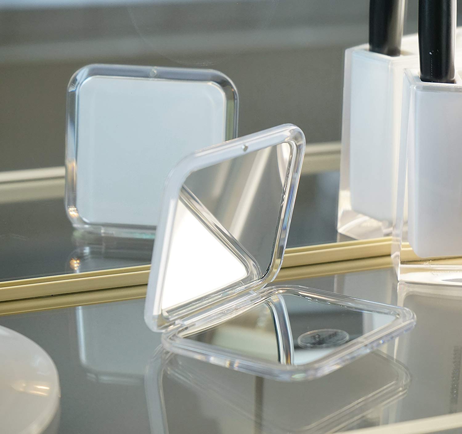 Fantasia Compact Mirror Square Plastic White Double-Sided Normal and 7x Magnification 8.5 x 8.5 cm Handy Folding Mirror - Image 2