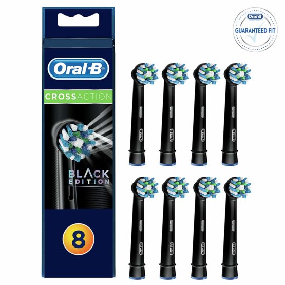 Oral-B CrossAction Black Toothbrush Heads Pack Of 8 Replacement Refills For Electric Rechargeable Toothbrush, Professionally Inspired Round Head Design To Clean Tooth-By-Tooth, Black Edition