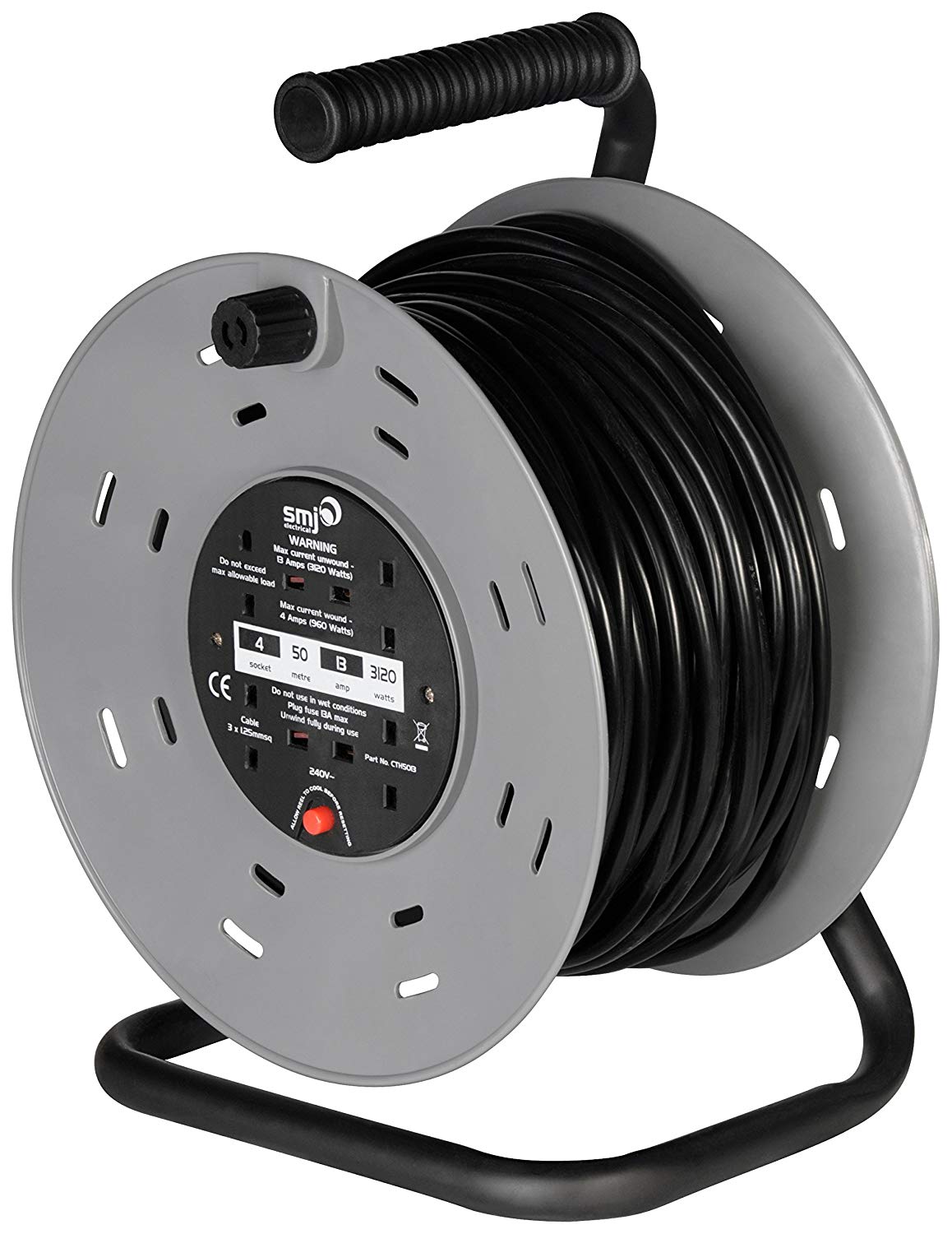 Deta SMJ CT Heavy Duty Drum Extension Lead, 4 Socket, 50 Metre, 13 Amp (CTH5013), Black/Grey, 50 meter