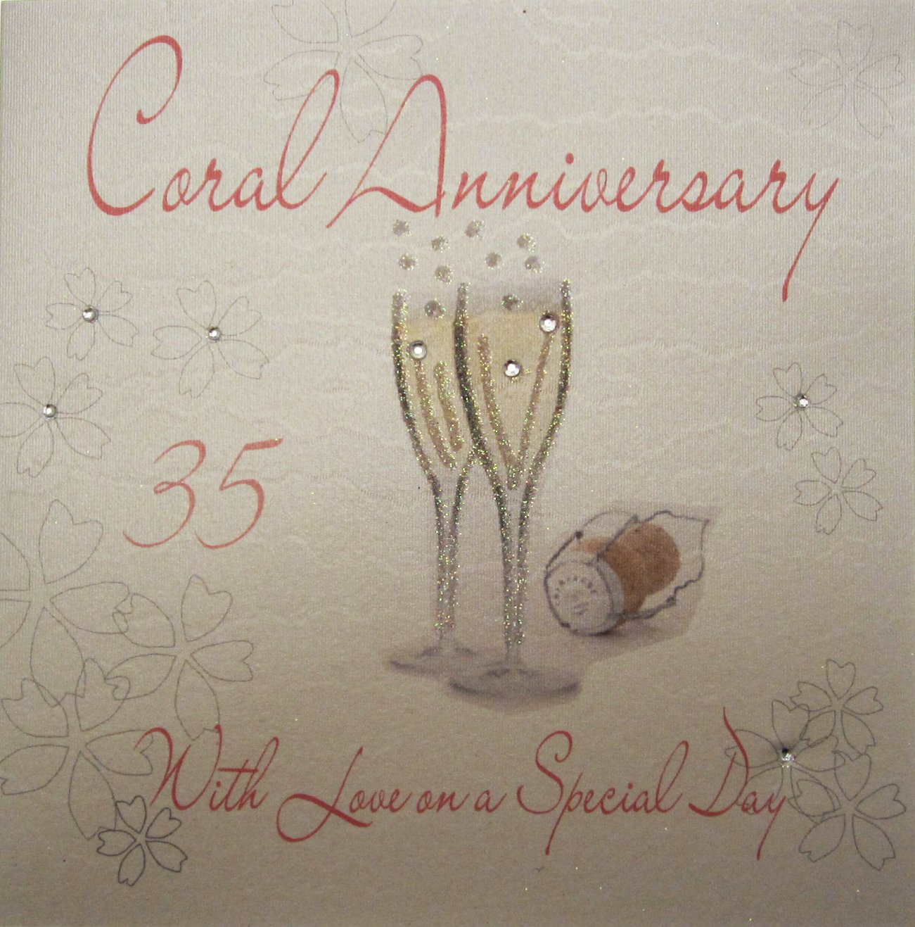 white cotton cards Coral Anniversary, Handmade 35th Anniversary Card, WA35, 16 cm x 16 cm