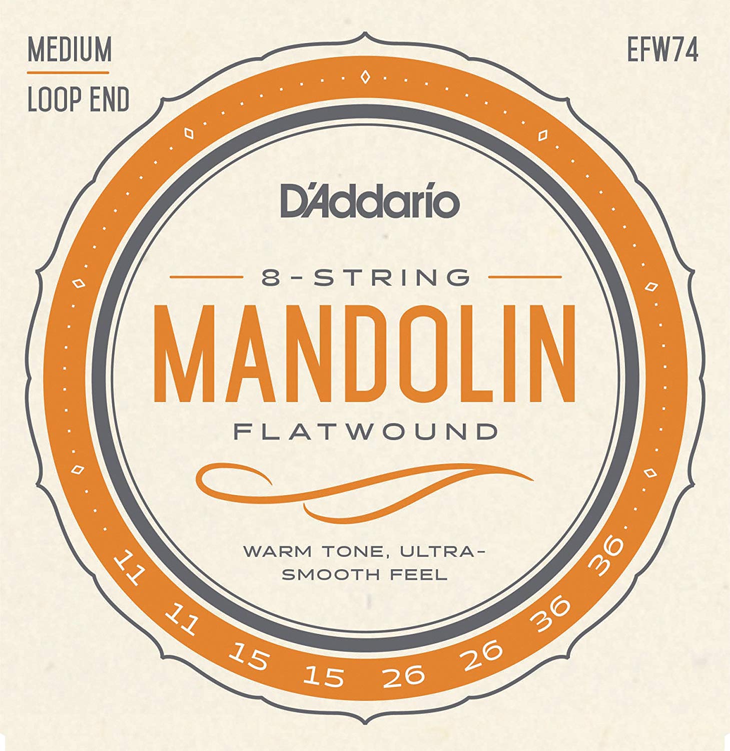 D'Addario EFW74 11-36 Medium Flatwound Mandolin Strings - Phosphor Bronze, Stainless Steel, Medium, 11-36