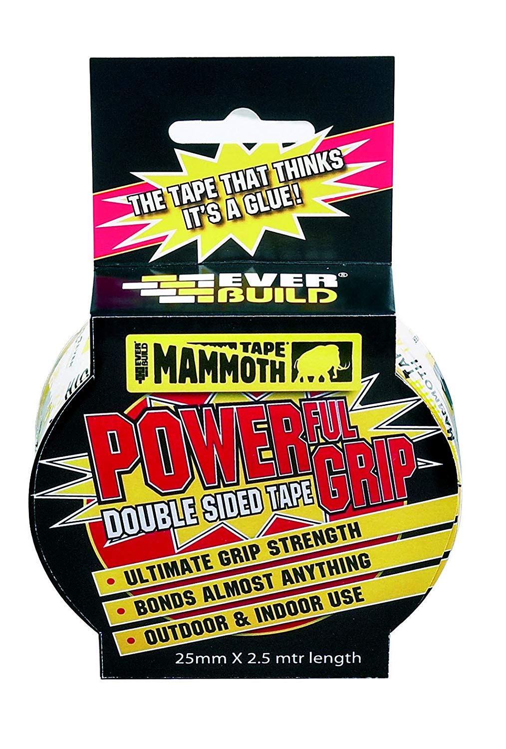 Everbuild Mammoth Powerful Grip Tape - Reinforced Double Sided Tape - Heavy Duty - Clear - 25mm x 2.5m, 25 mm x 2.5 m