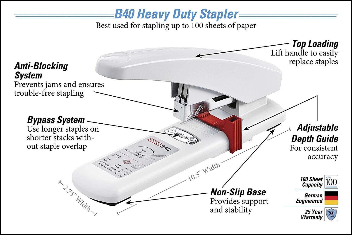 Novus B 40 Heavy Duty Stapler (Capacity of 100 Sheets, Stapler with Variable Insertion Depth up to 55 mm) Light Grey - Image 4
