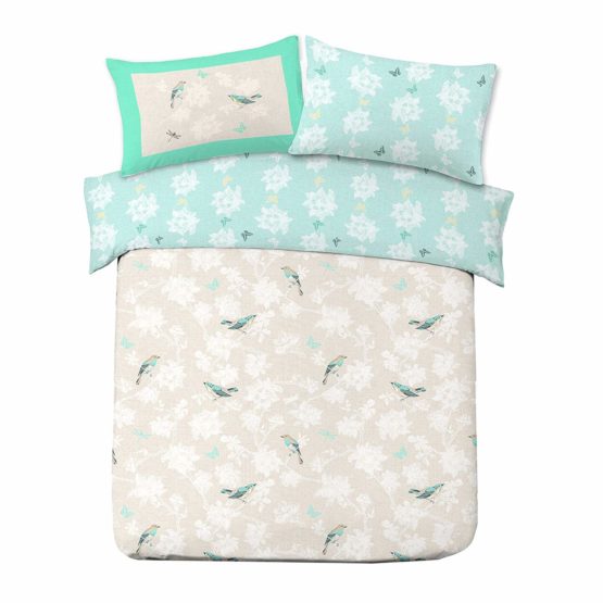 Dreamscene Luxurious Vintage Birds Duvet Set with Pillowcase, Polyester/Cotton, Mint/Light Blue, Double,VINTBIRDLB02 - Image 2