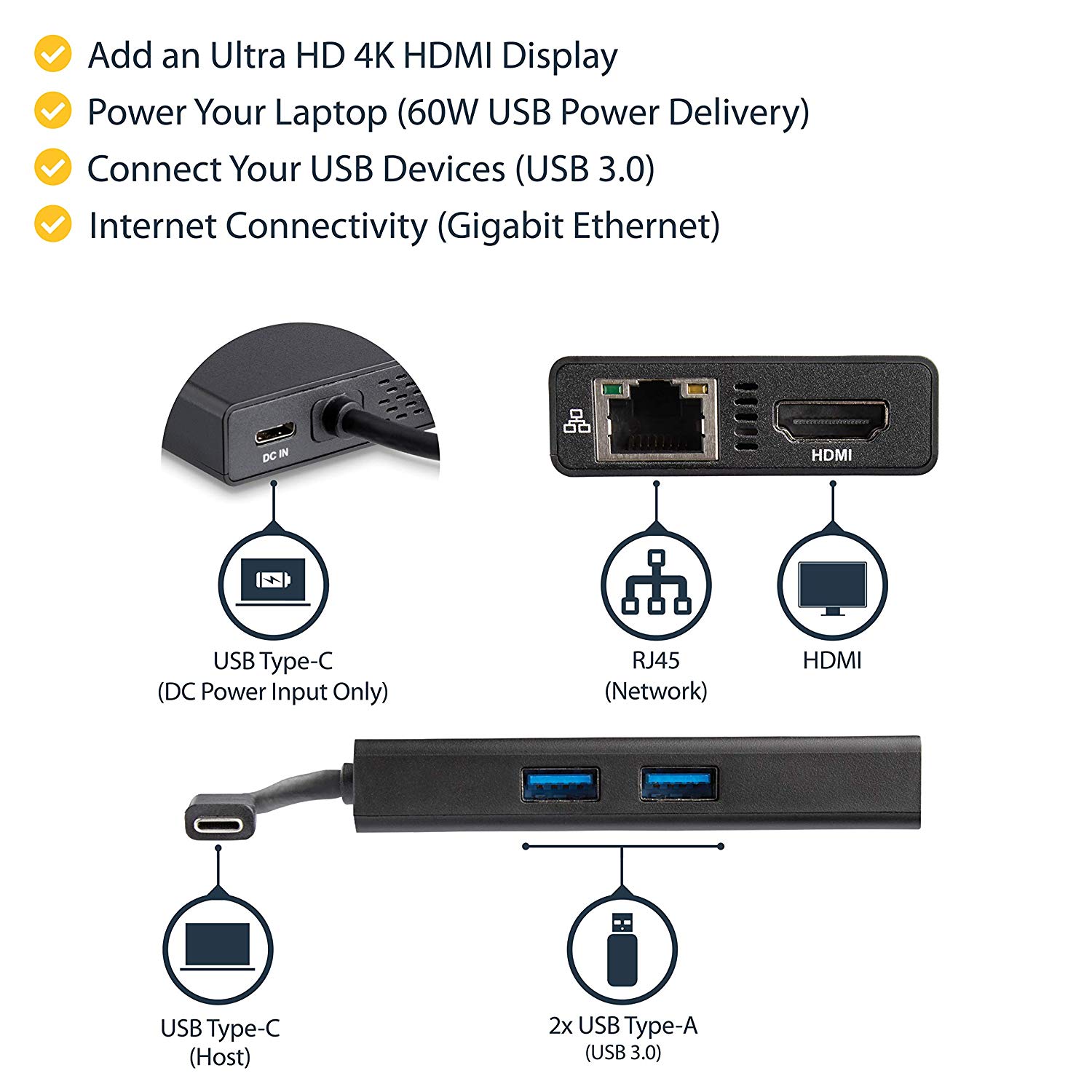 StarTech.com USB-C Multiport Adapter, USB-C Travel Docking Station with 4K HDMI, 60W Power Delivery Pass-Through, GbE - Image 2