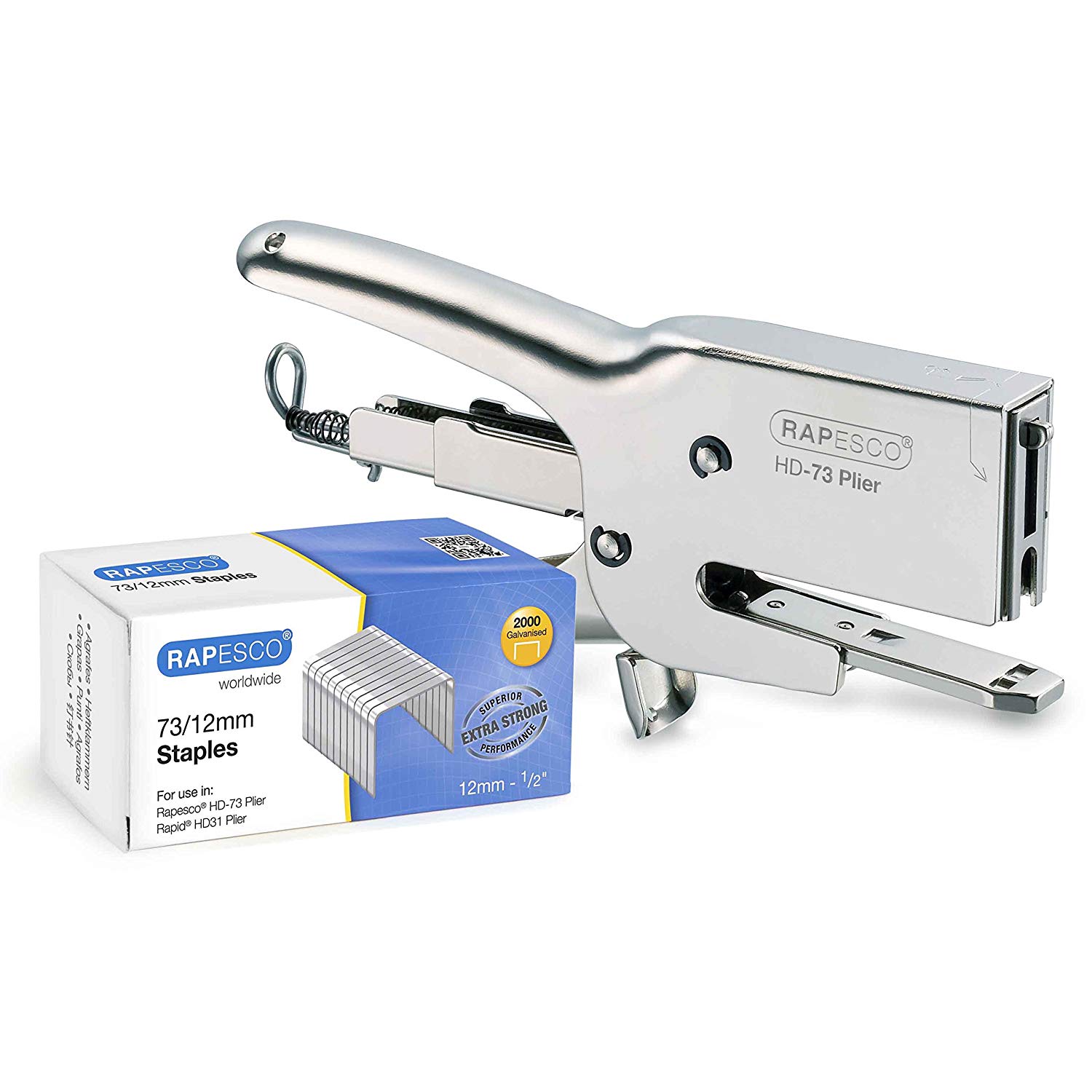 Rapesco 1306 Heavy-Duty HD-73 Plier Stapler and 2000 Type 73/12mm Staples, 70 Sheet Capacity, Chrome, Metal