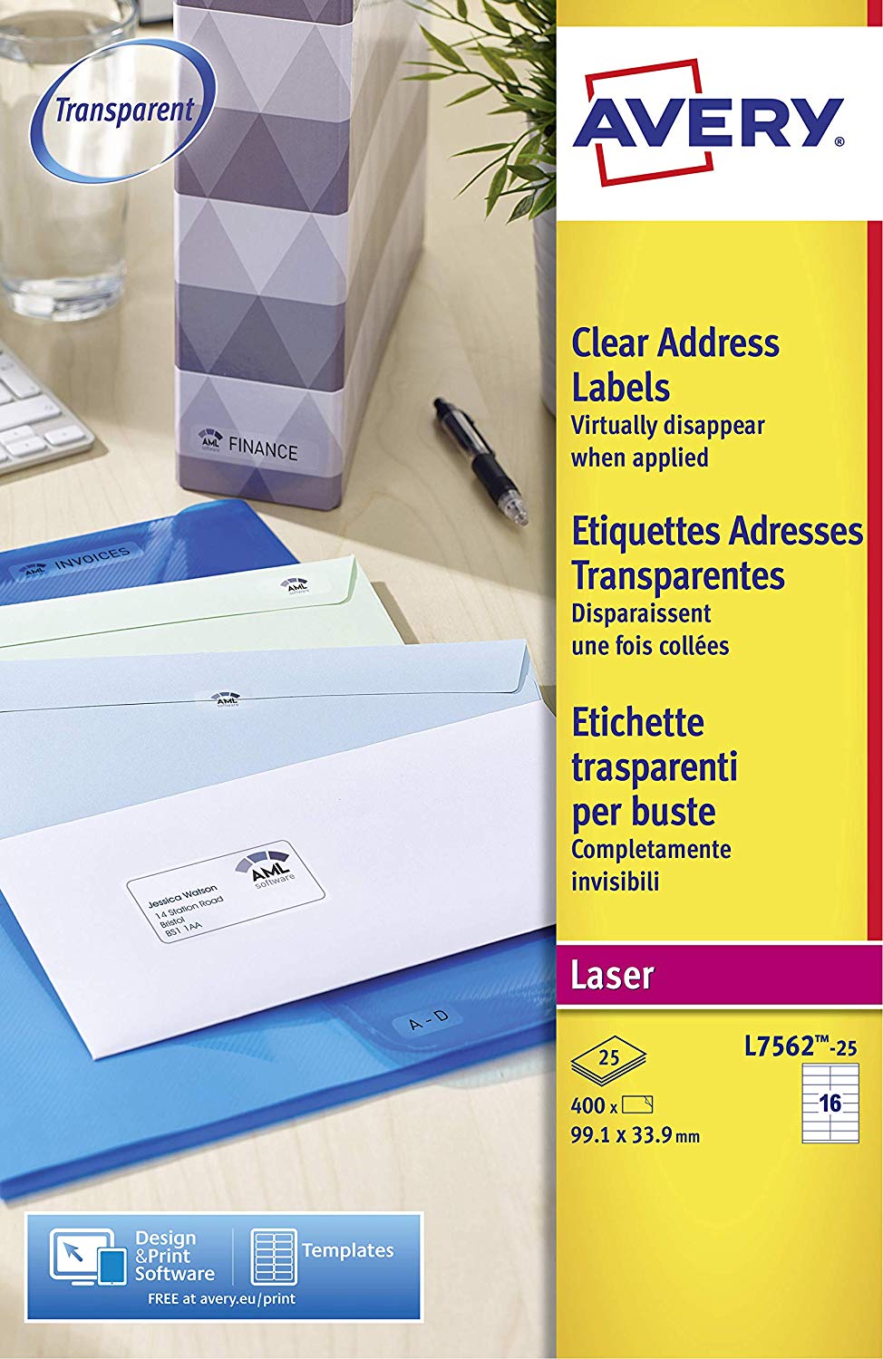 Avery Self Adhesive Clear Address Mailing Labels, Laser Printers, 16