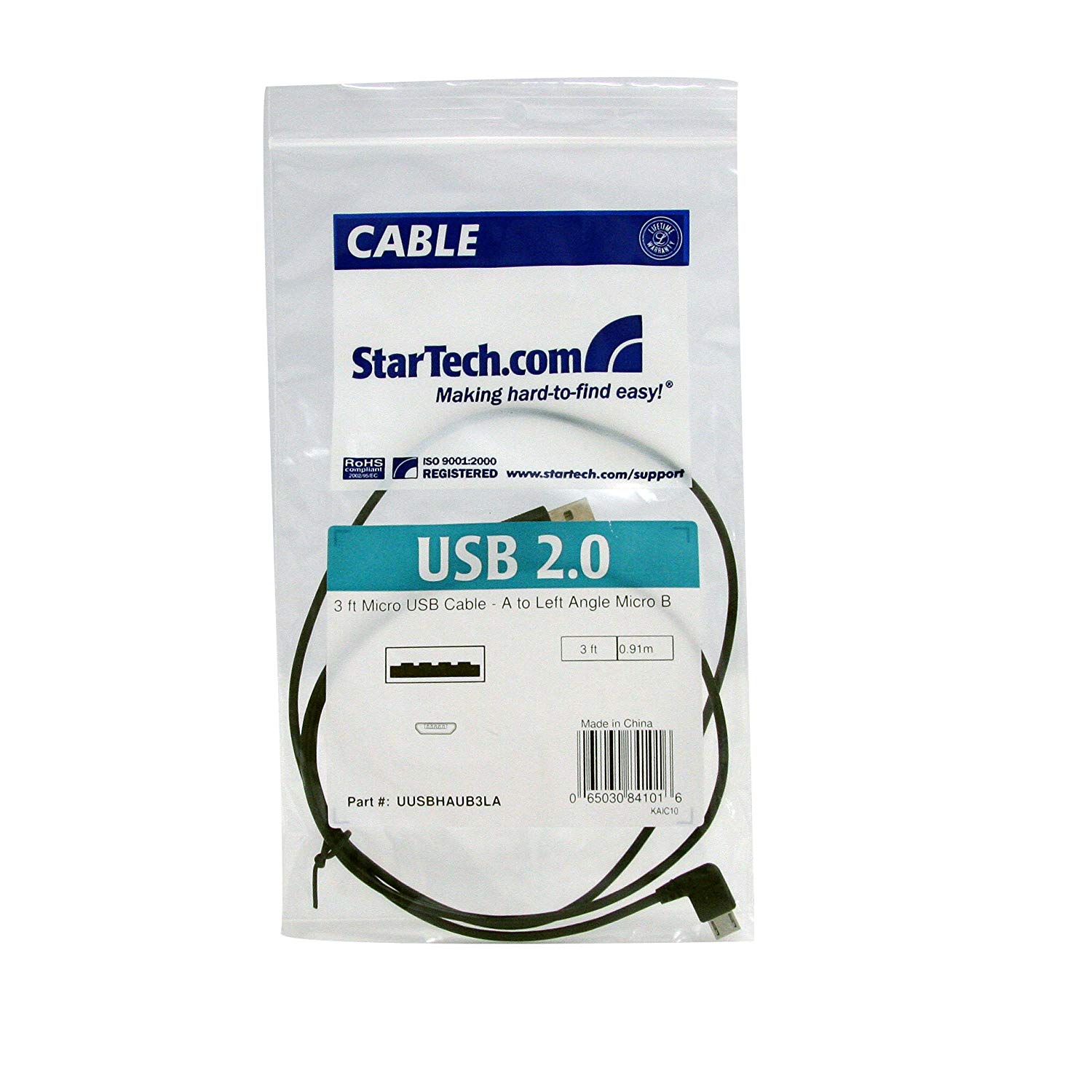 StarTech.com 3 ft / 91cm Micro USB Cable - A to Left Angle Micro B - USB Type A - 90 Degree Micro-USB Type B (M) - Black (UUSBHAUB3LA) - Image 4