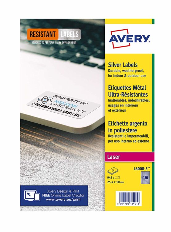Avery L6008-5 Resistant Labels, Silver (A4 Sheet of 25 x 10 mm, 945 Labels) - Image 2