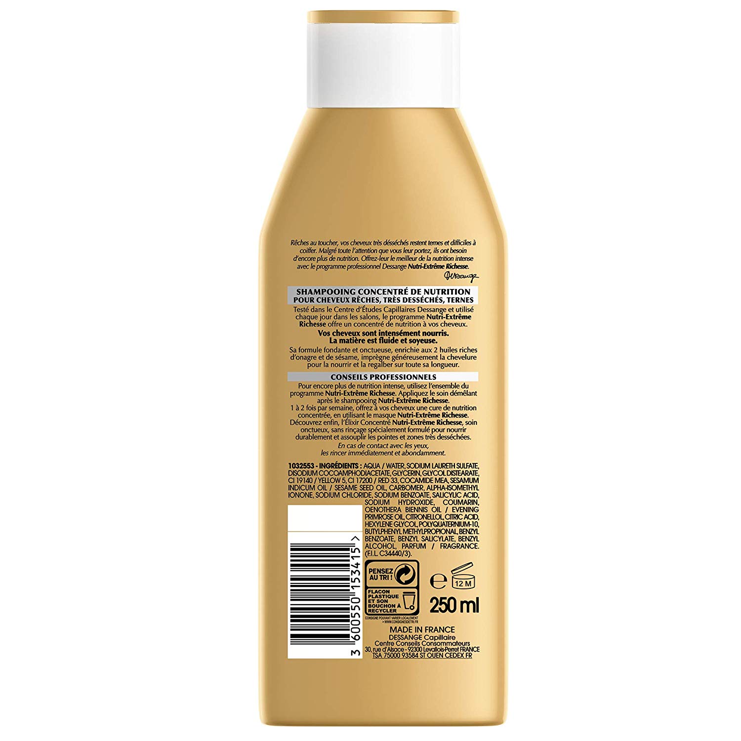 Dessange Nutri-Extrême Richesse Concentrated Nutrition Shampoo for Dry Very Dry or Dull Hair - 250 ml - Set of 2 - Image 2