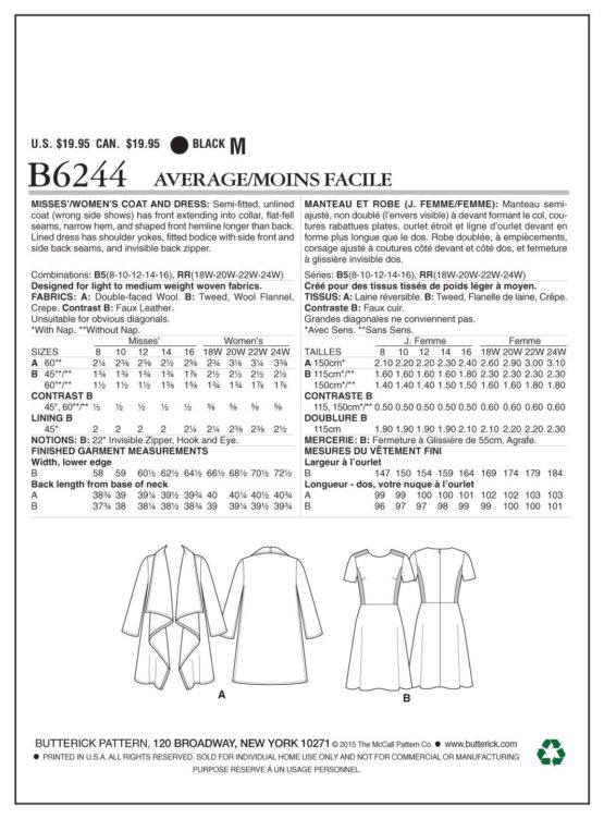 Butterick Patterns 6244 RR,Misses/Women's Coat and Dress,Sizes 18W-20W-22W-24W - Image 4