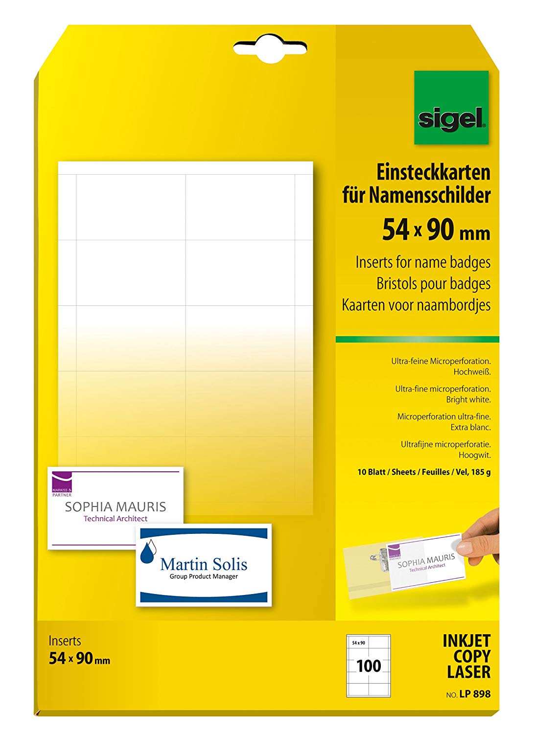 SIGEL LP898 Inserts for Name Badges 5.4 x 9 cm, White, 100 Pieces equal to 10 sheets, 54 x 9 centimetres