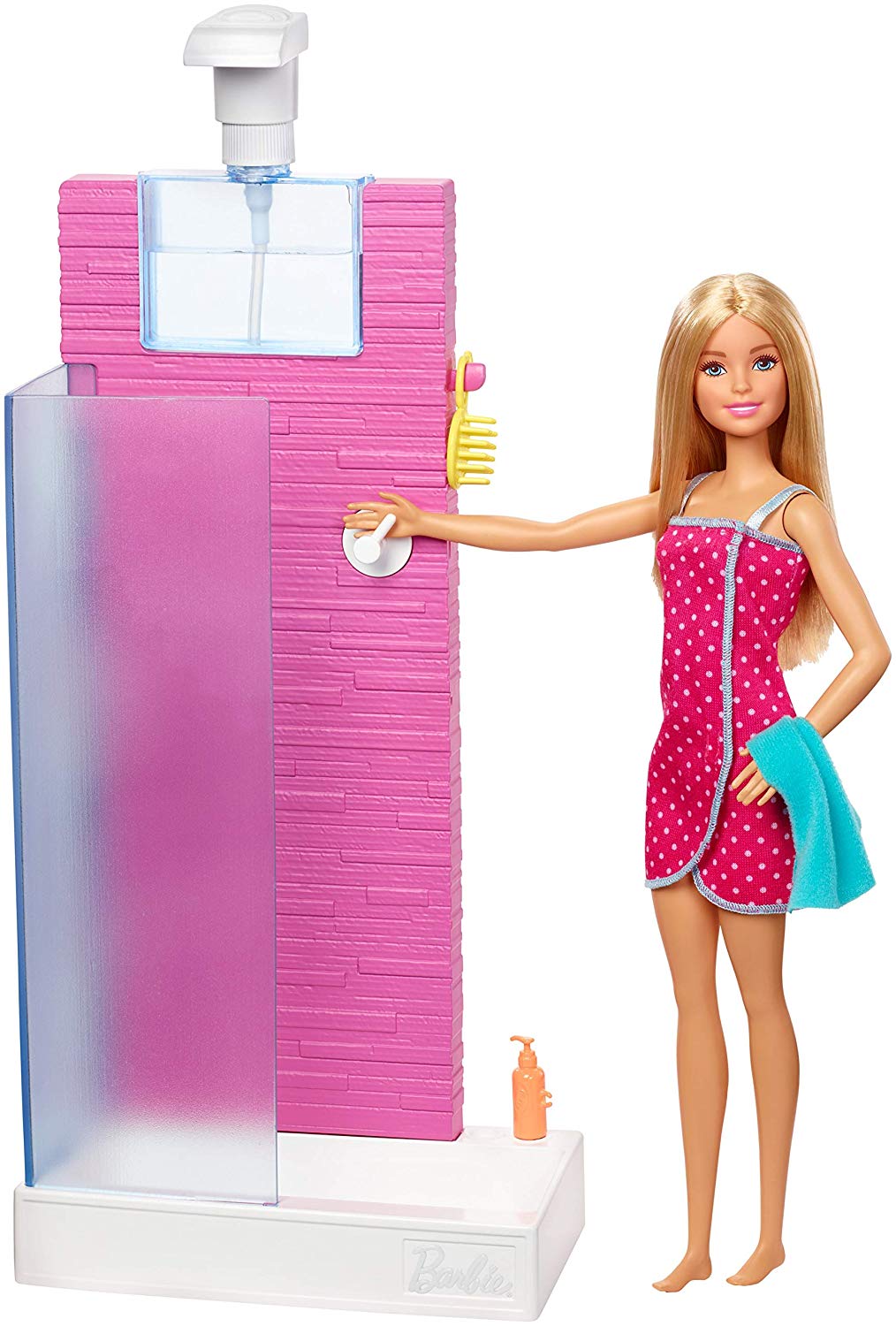 Barbie Doll and Furniture Set, Bathroom with Working Shower, Pink, Dollhouse miniature