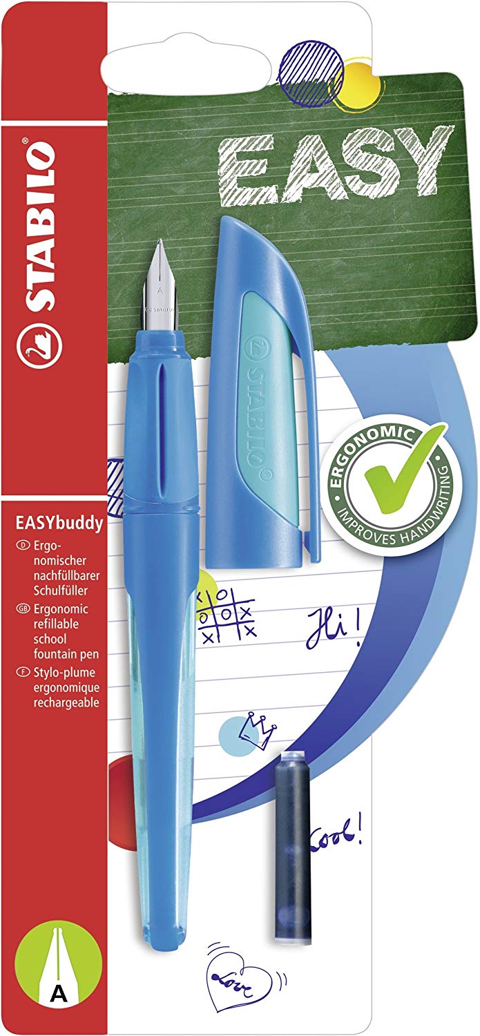 STABILO Ergonomic School Fountain Pen EASYbuddy - A-Nib (Beginner) - Right-Handed - Pack of 1 - Dark Blue/Light Blue