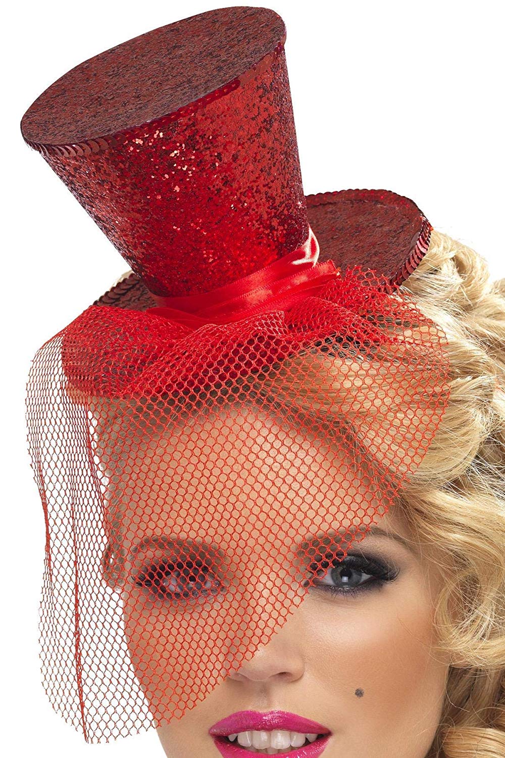 Smiffys Fever Mini Top Hat on Headband, Red with Detachable Netting, Fever Accessories Fancy Dress, Fever Dress Up Hats
