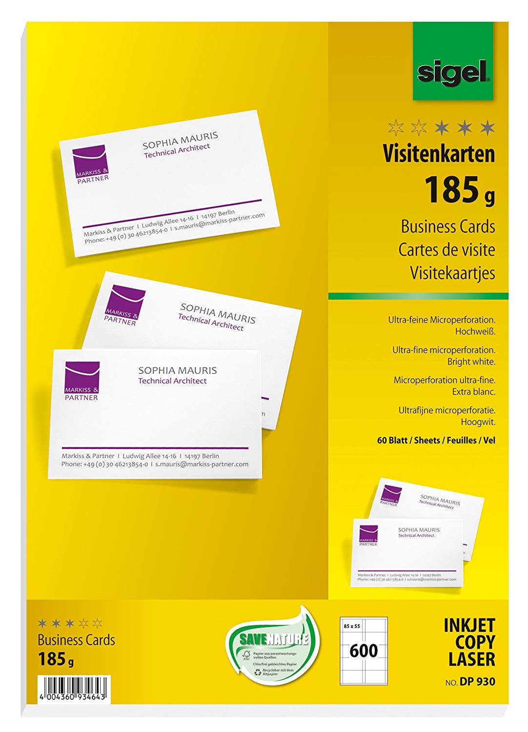 SIGEL DP930, 85x55 mm (A4), Business Cards, mp, 185 gsm, printable, bright White, 600 Piecesequal to60 sheets