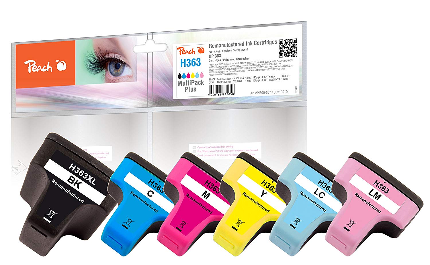 Peach Economy pack ink cartridges compatible with HP No. 363, Multi-Pack (Black, Yellow, Magenta, Cyan), Multi-pack XL