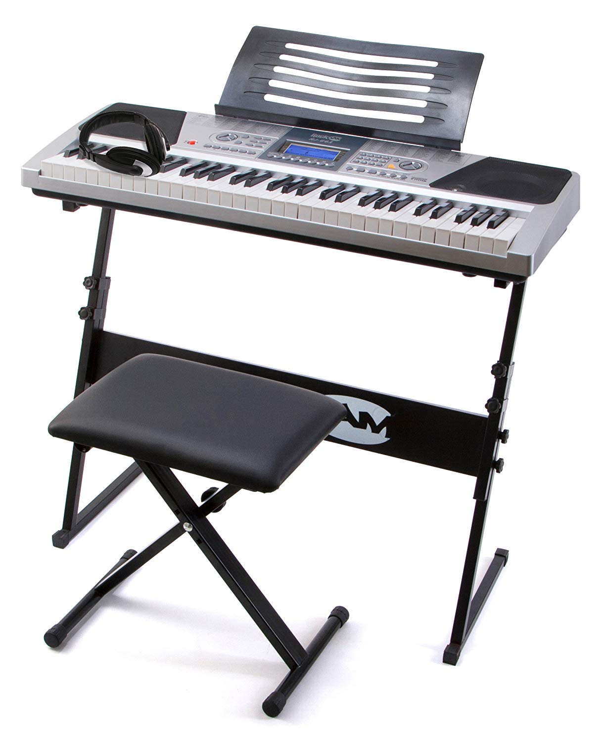 RockJam 61 Key Keyboard Piano Kit with Stand, Bench, Headphones & Lessons, Grey, 61-Key