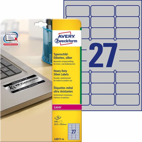 Avery Zweckform L6011-20 Heavy-Duty Labels 63.5 x 29.6 mm Weather-Resistant 20 Sheets / 540 Labels Silver