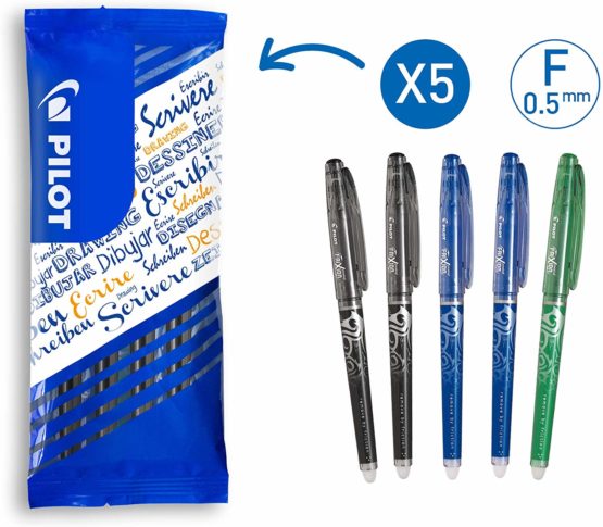 Pilot Frixion Point Erasable Rollerball 0.5mm Tip - 2 Blue/2 Black/1 Green, Pack of 5