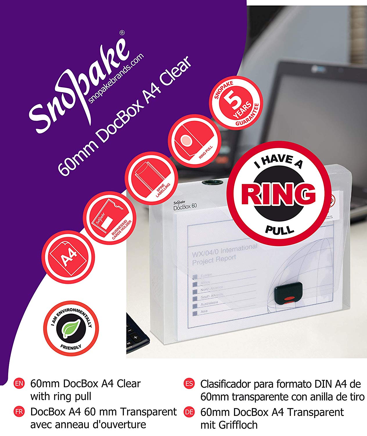 Snopake A4 DocBox Clear 60 mm Box File with Push Lock (Pack of 1) Ref 12871 - Image 4
