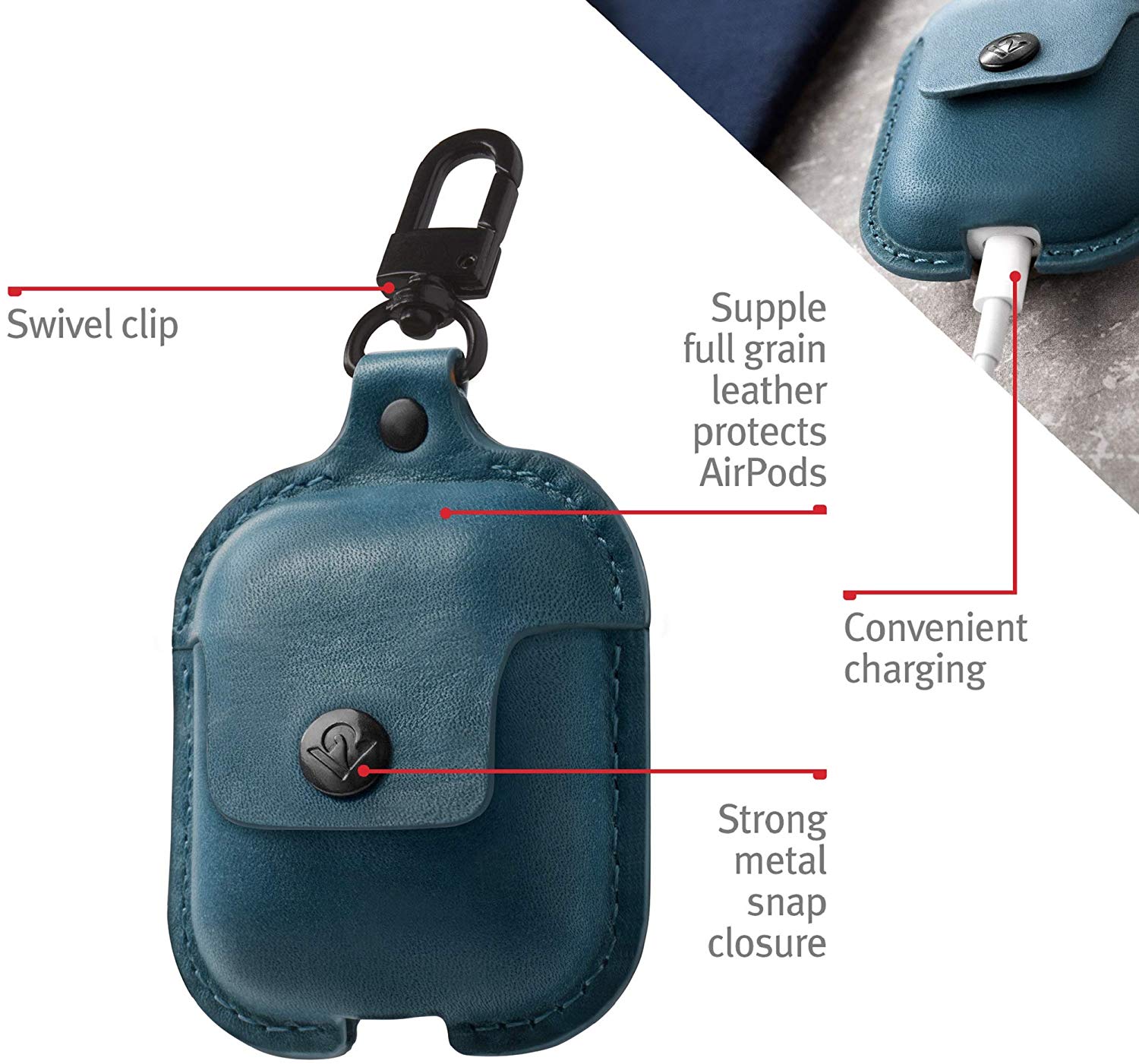 Twelve South AirSnap | Leather Protective Case/Cover with Loss Prevention Clip for AirPods & Wireless Charging Case for AirPods, Deep Teal - Image 2