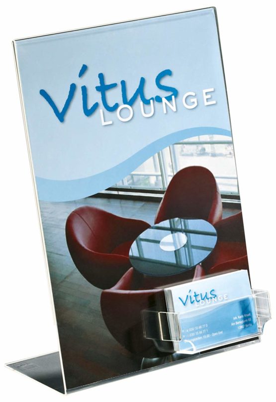 SIGEL TA230 Sign Holder, Slanted, for A4, with Business Card Compartment, Acrylic, Transparent, 1 pc.