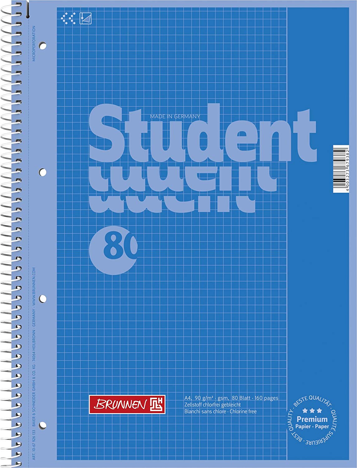 Brunnen Colour Code 1067926133 Notebook/Notepad Student A4 Squared (Type 26) 90g/m² 80 Pages Azure Blue