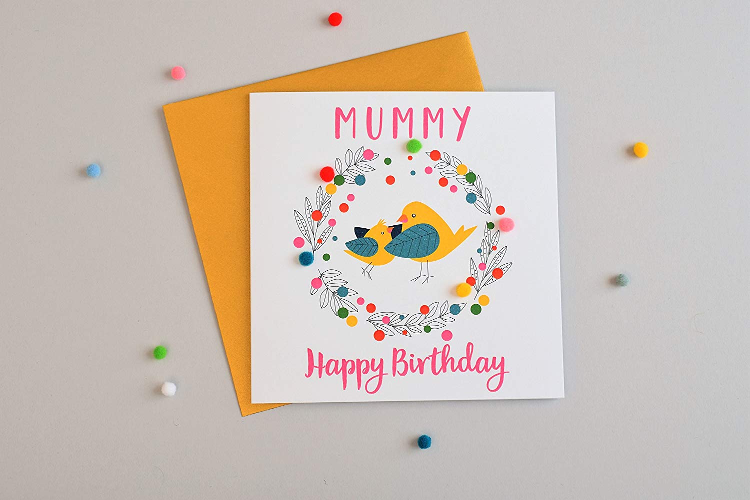 Claire Giles Greeting Cards, Happy Birthday Mummy Card, Mummy Bird design Birthday Greeting Card, Embellished with colourful Pompoms - Image 4