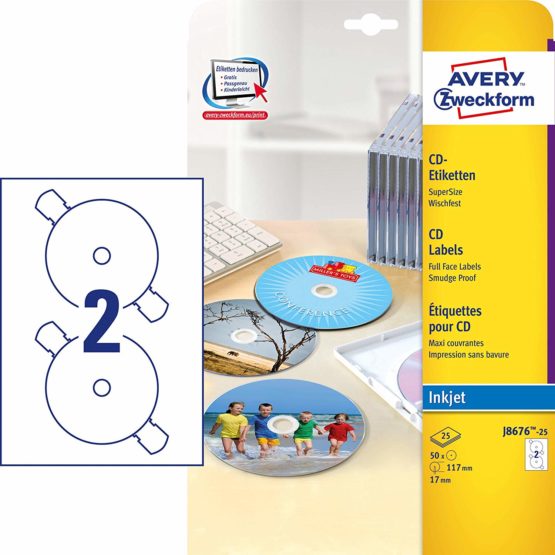 Avery Zweckform J8676-50 CD Labels (Pack of 25 Sheets, Quick Drying, Ø 117 mm 25 Sheets White)
